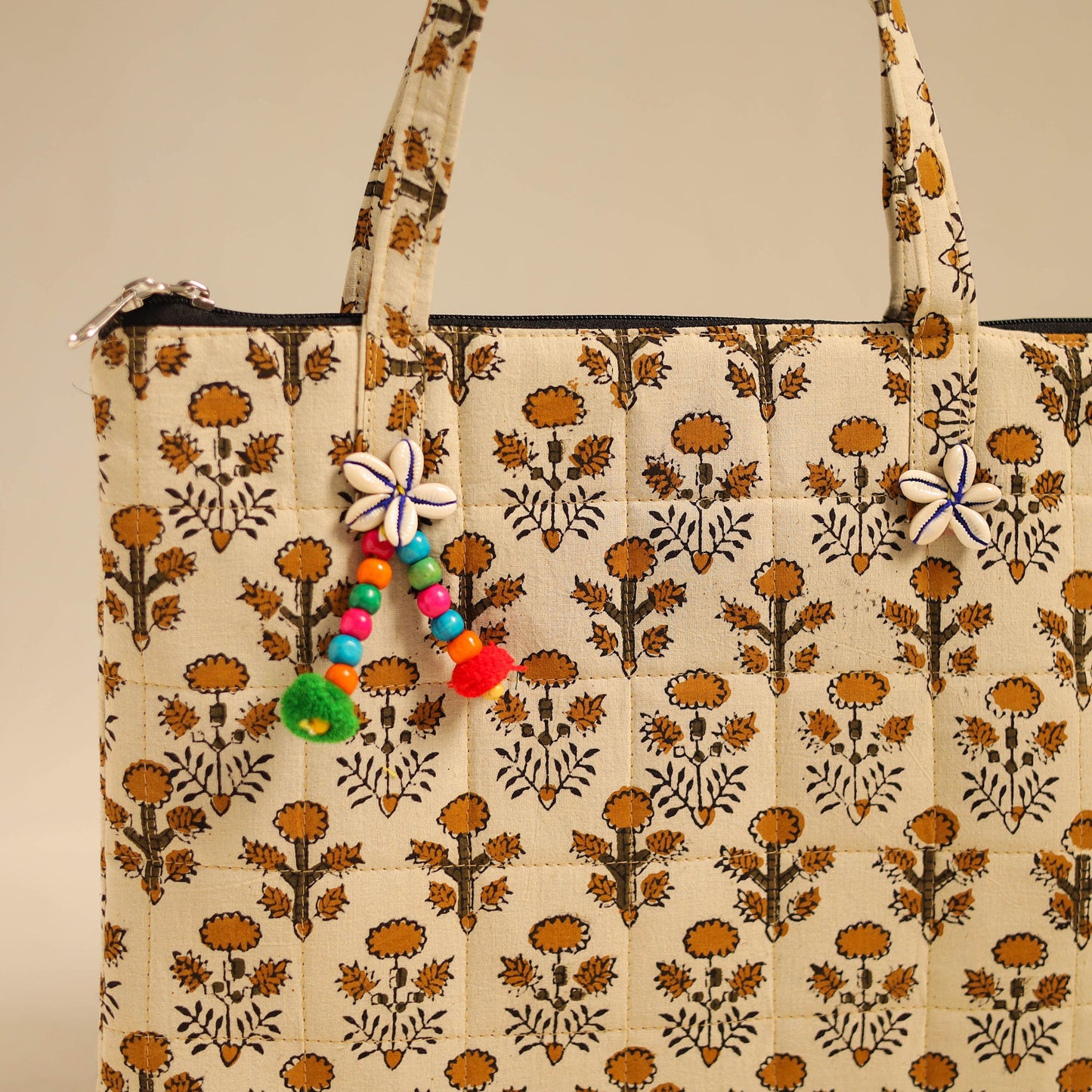 Beige Handcrafted Quilted Cotton Handbag