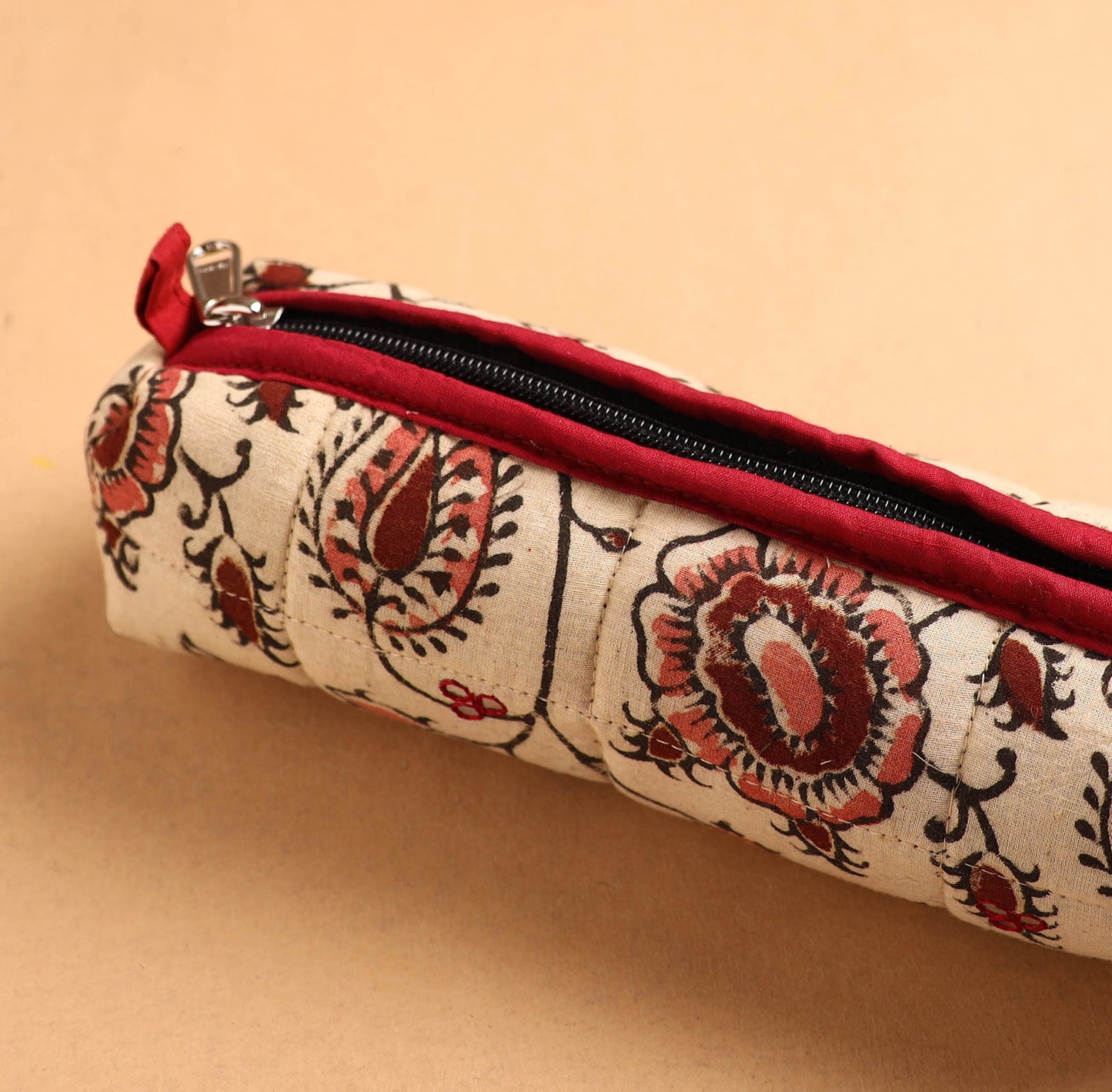Beige Handcrafted Quilted Cotton Pencil Pouch
