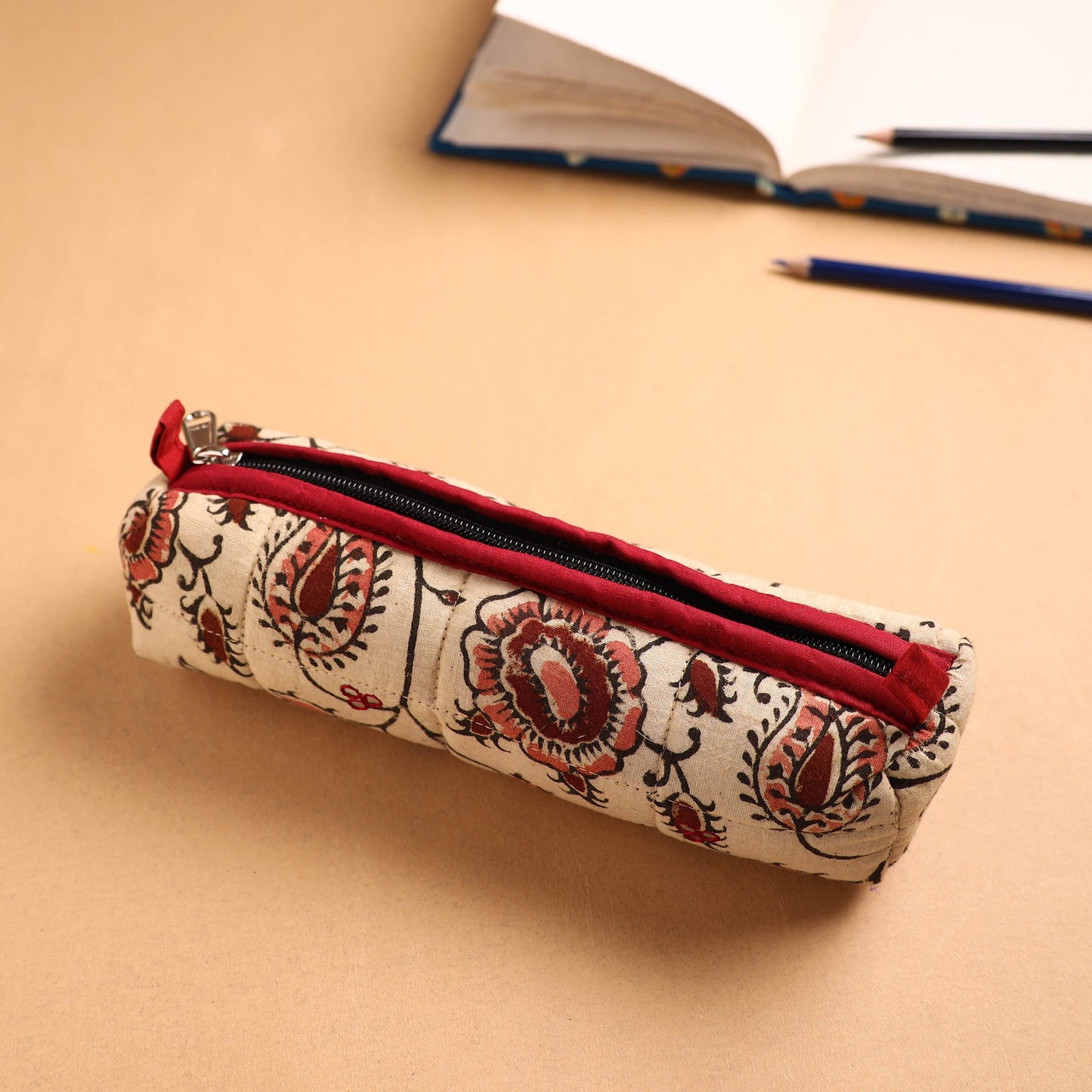 Beige Handcrafted Quilted Cotton Pencil Pouch
