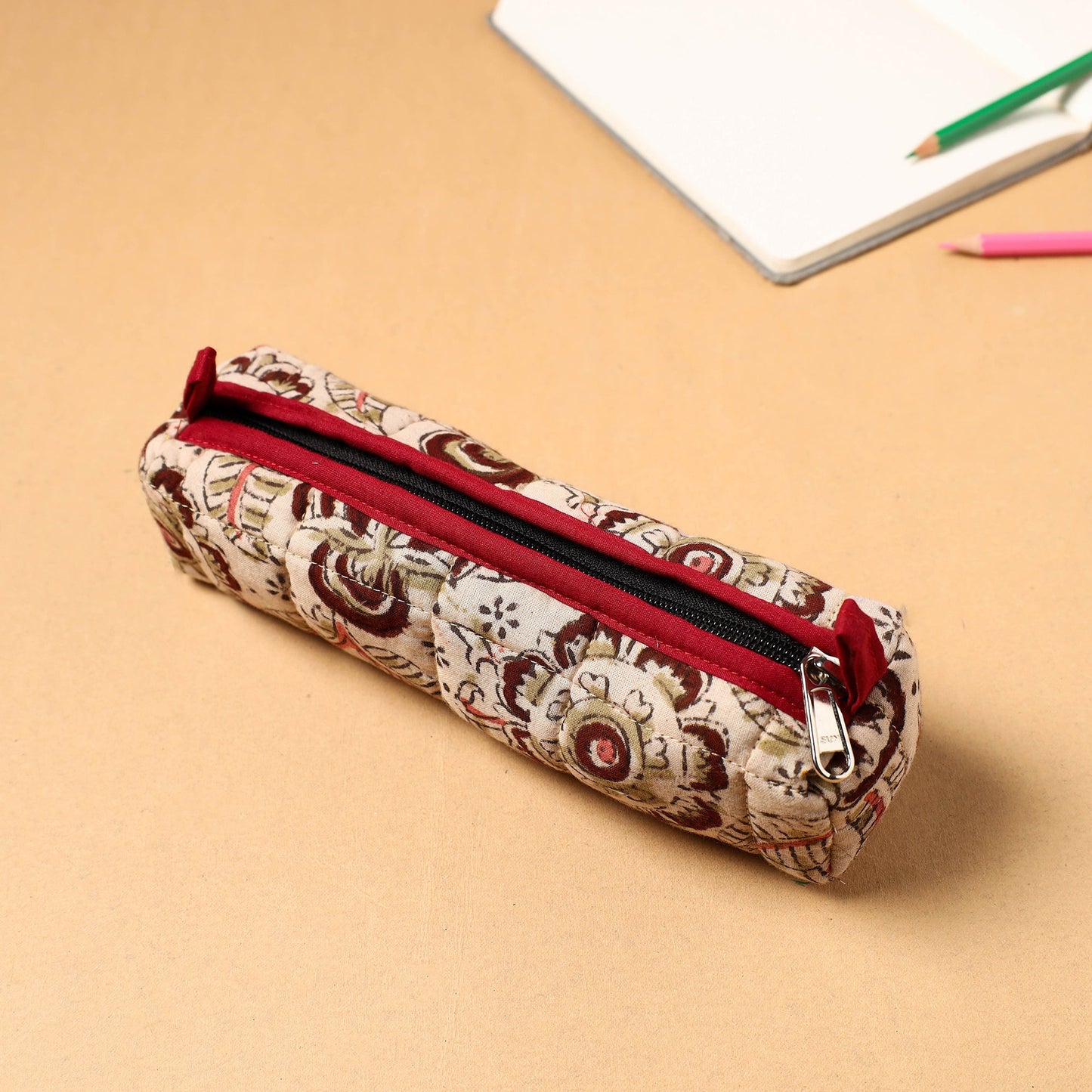 Beige Handcrafted Quilted Cotton Pencil Pouch