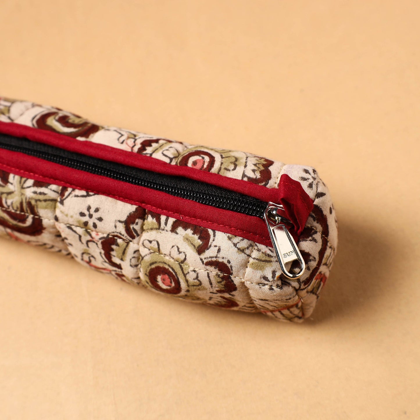 Beige Handcrafted Quilted Cotton Pencil Pouch