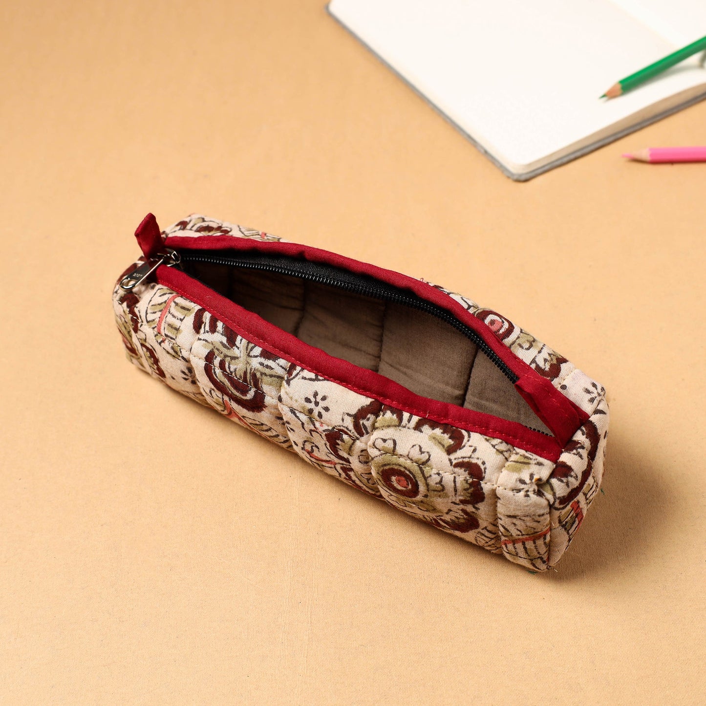 Beige Handcrafted Quilted Cotton Pencil Pouch