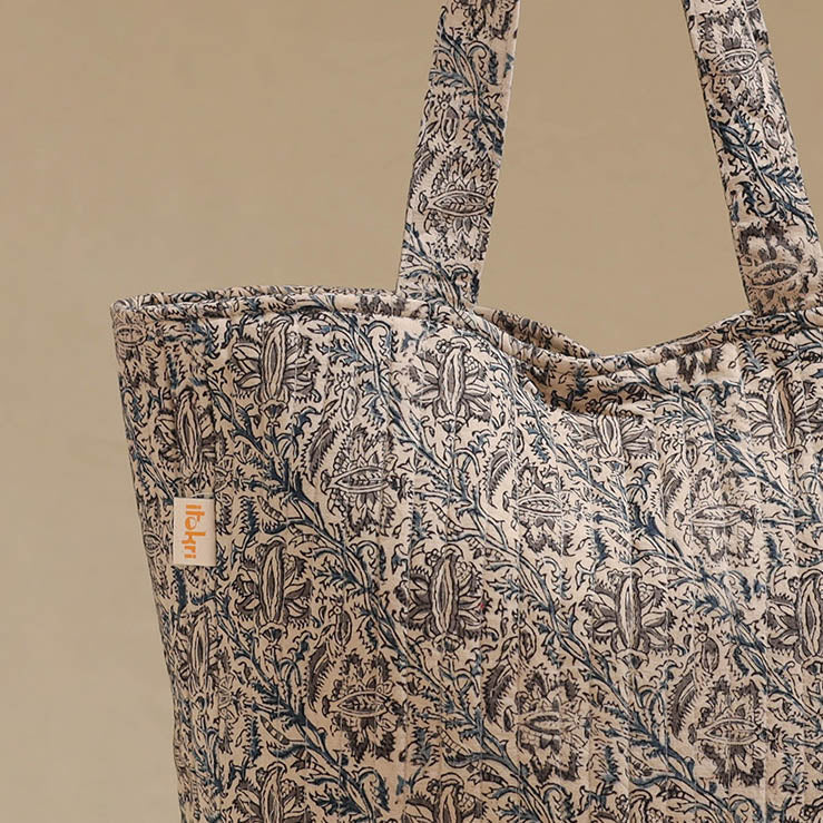 Handcrafted quilted kalamkari block printed fabric tote bag