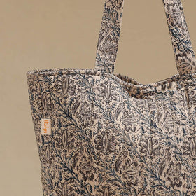 Handcrafted quilted kalamkari block printed fabric tote bag