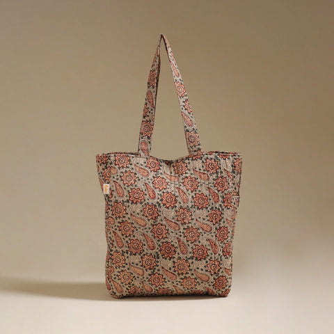 Handcrafted quilted kalamkari block printed fabric tote bag