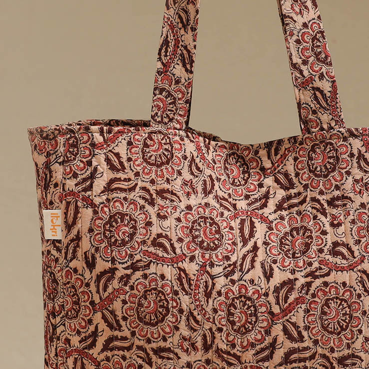 Handcrafted quilted kalamkari block printed fabric tote bag