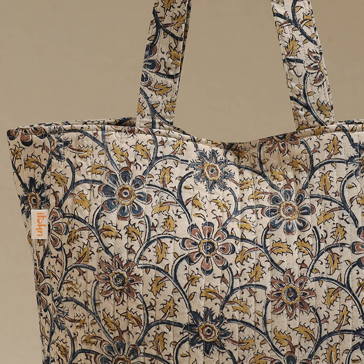 Handcrafted quilted kalamkari block printed fabric tote bag