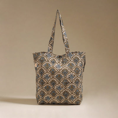 Handcrafted quilted kalamkari block printed fabric tote bag