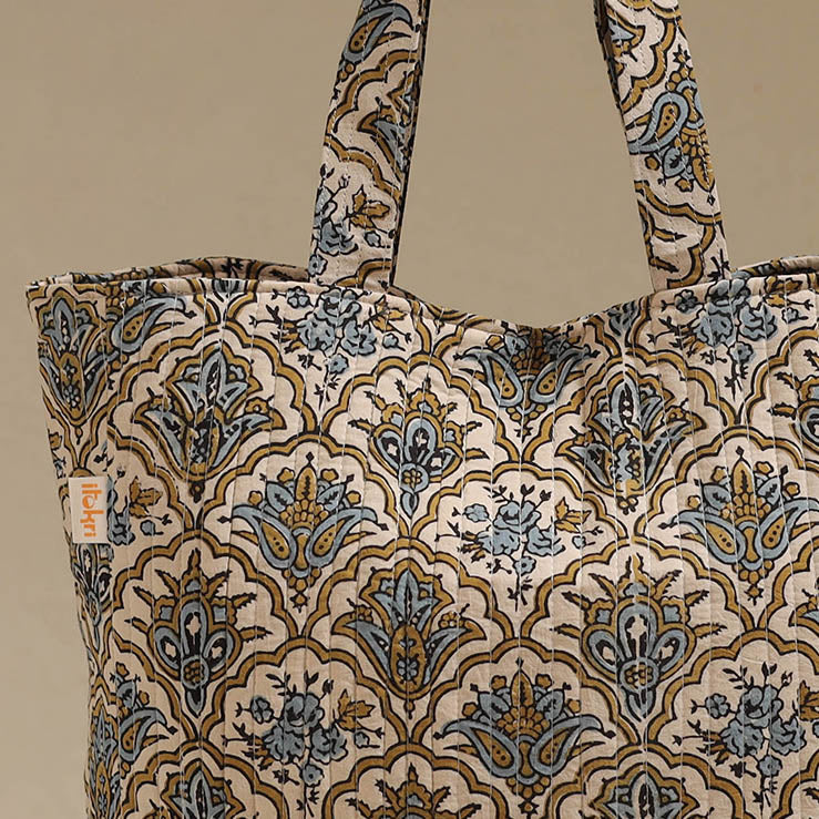 Handcrafted quilted kalamkari block printed fabric tote bag