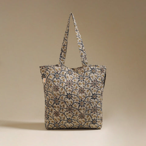 Handcrafted quilted kalamkari block printed fabric tote bag