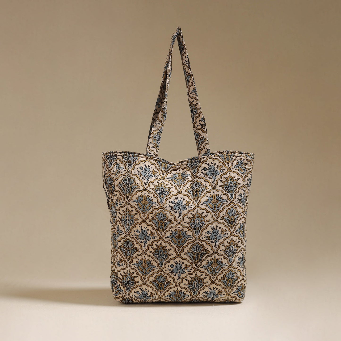 Handcrafted quilted kalamkari block printed fabric tote bag