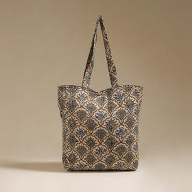 Handcrafted quilted kalamkari block printed fabric tote bag