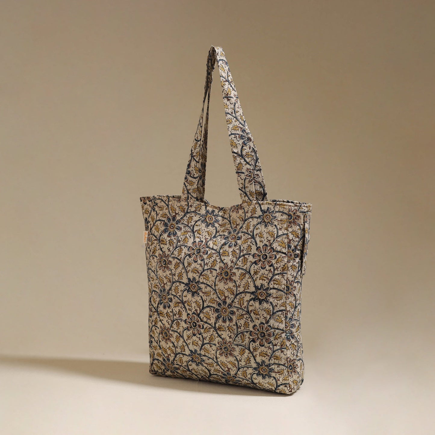 Handcrafted quilted kalamkari block printed fabric tote bag