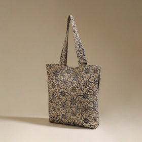 Handcrafted quilted kalamkari block printed fabric tote bag