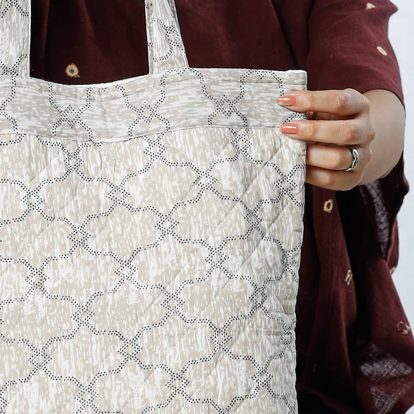 Grey - Handcrafted Quilted Sanganeri Block Printed Shoulder Bag