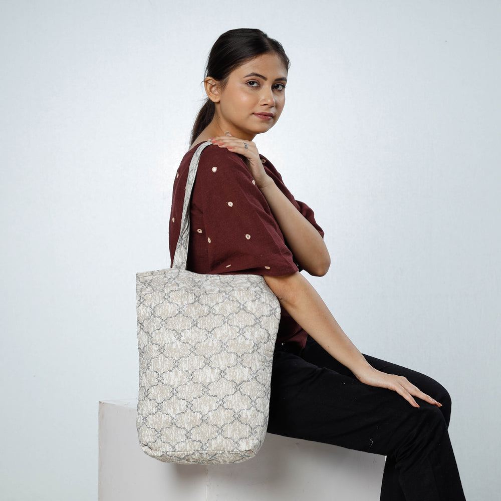 Grey - Handcrafted Quilted Sanganeri Block Printed Shoulder Bag