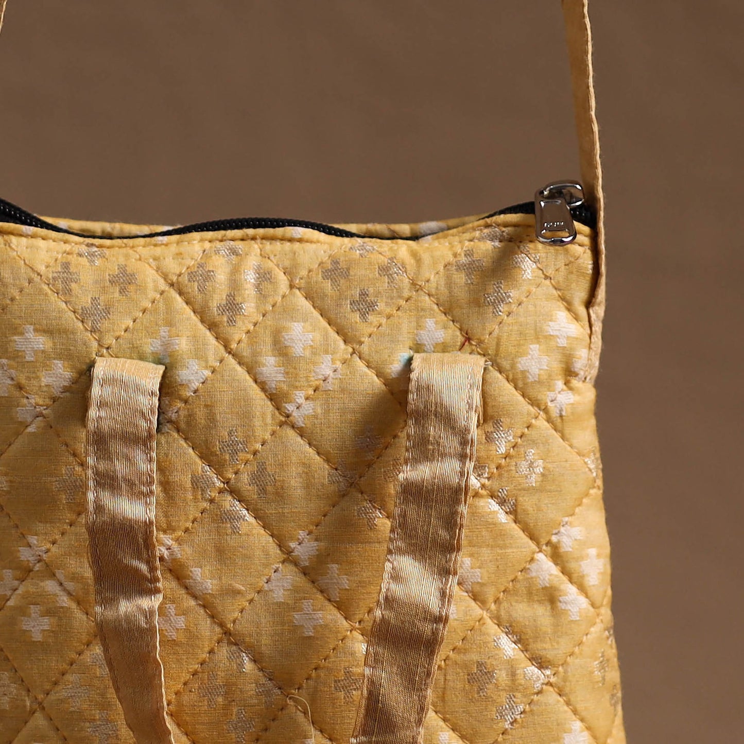 Beige Handcrafted Quilted Silk Sling Bag 07