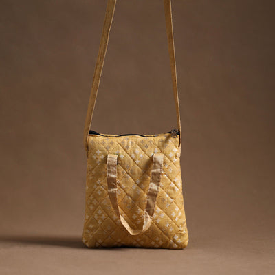 Beige Handcrafted Quilted Silk Sling Bag 07