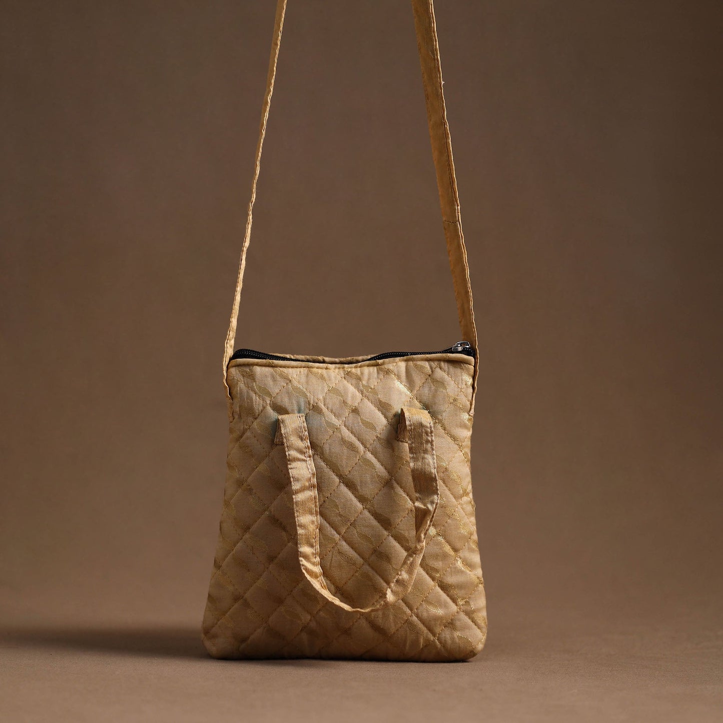 Beige - handcrafted quilted silk sling bag 11