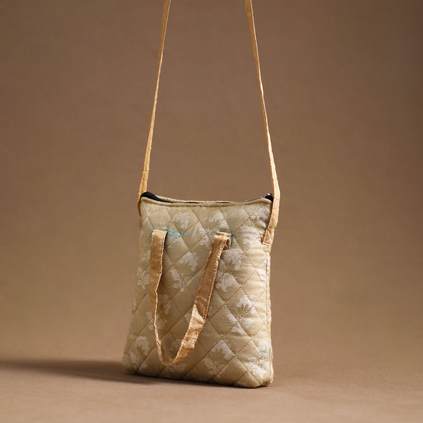 Beige - handcrafted quilted silk sling bag 30