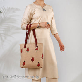 Beige Handcrafted Sanganeri Printed Leather Hand Bag