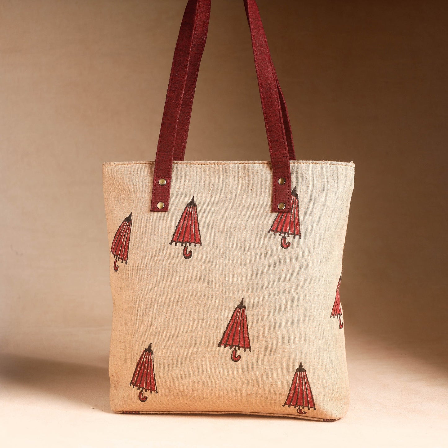 Beige Handcrafted Sanganeri Printed Leather Hand Bag