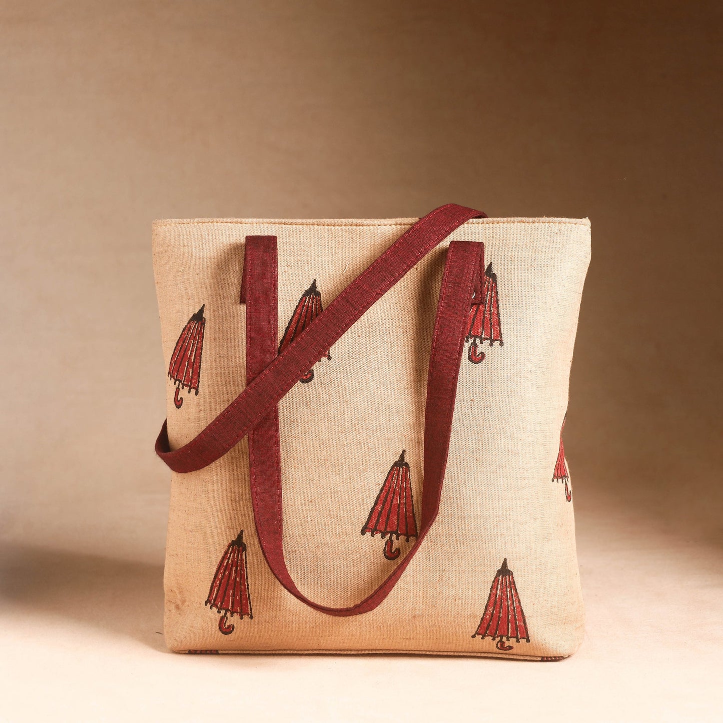 Beige Handcrafted Sanganeri Printed Leather Hand Bag