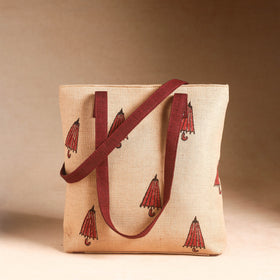 Beige Handcrafted Sanganeri Printed Leather Hand Bag