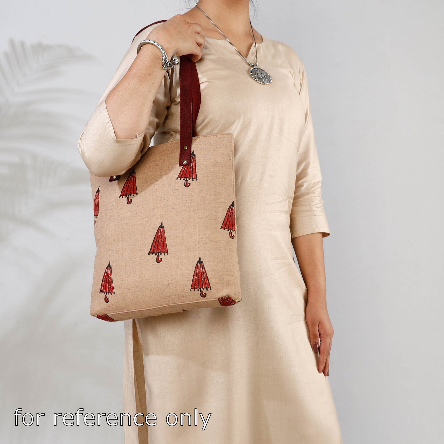 Beige Handcrafted Sanganeri Printed Leather Hand Bag