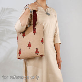 Beige Handcrafted Sanganeri Printed Leather Hand Bag