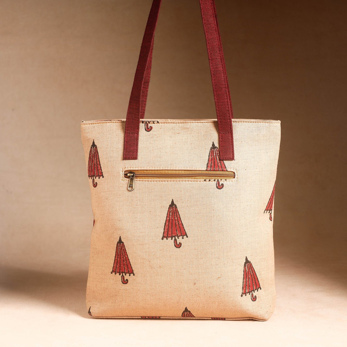 Beige Handcrafted Sanganeri Printed Leather Hand Bag
