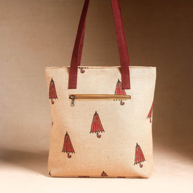 Beige Handcrafted Sanganeri Printed Leather Hand Bag