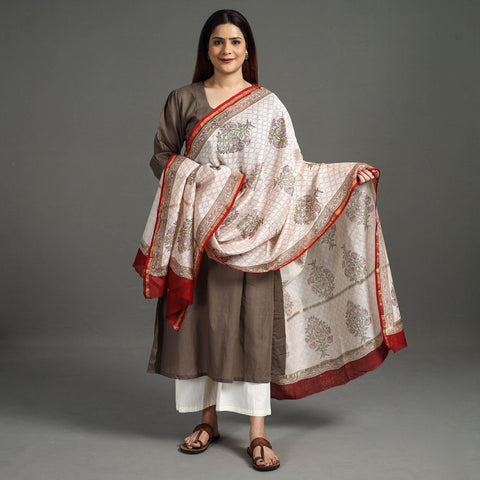 Buy Handloom Chanderi Silk Sanganeri Print Dupatta