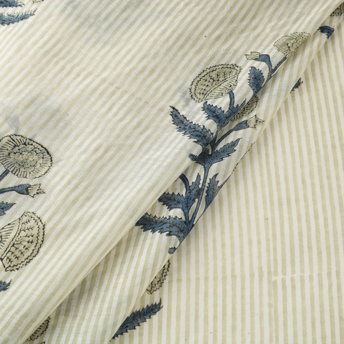 Beige Handloom Chanderi Silk Block Print Sanganeri Fabric