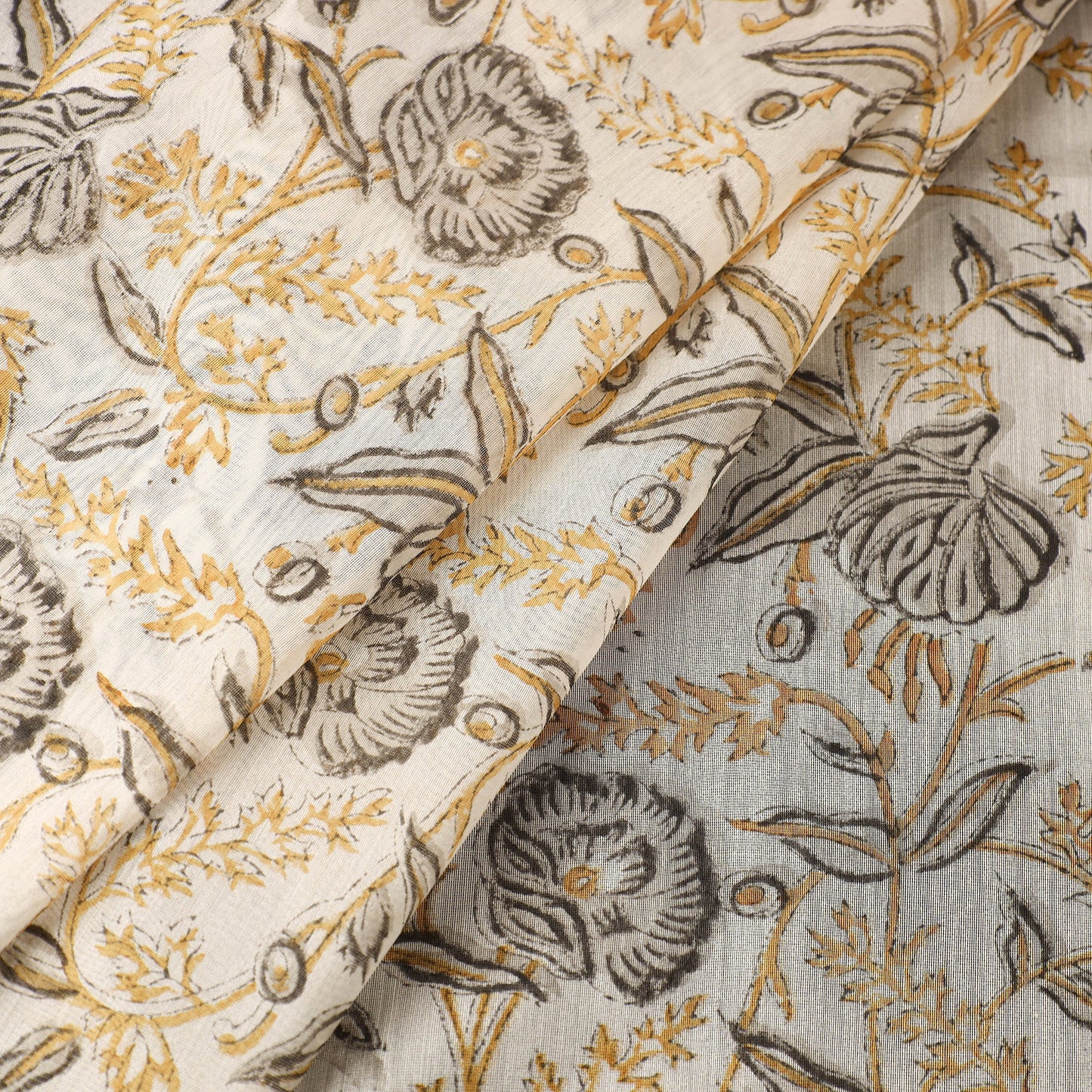  Beige Block Print Handloom Chanderi Silk Sanganeri Fabric