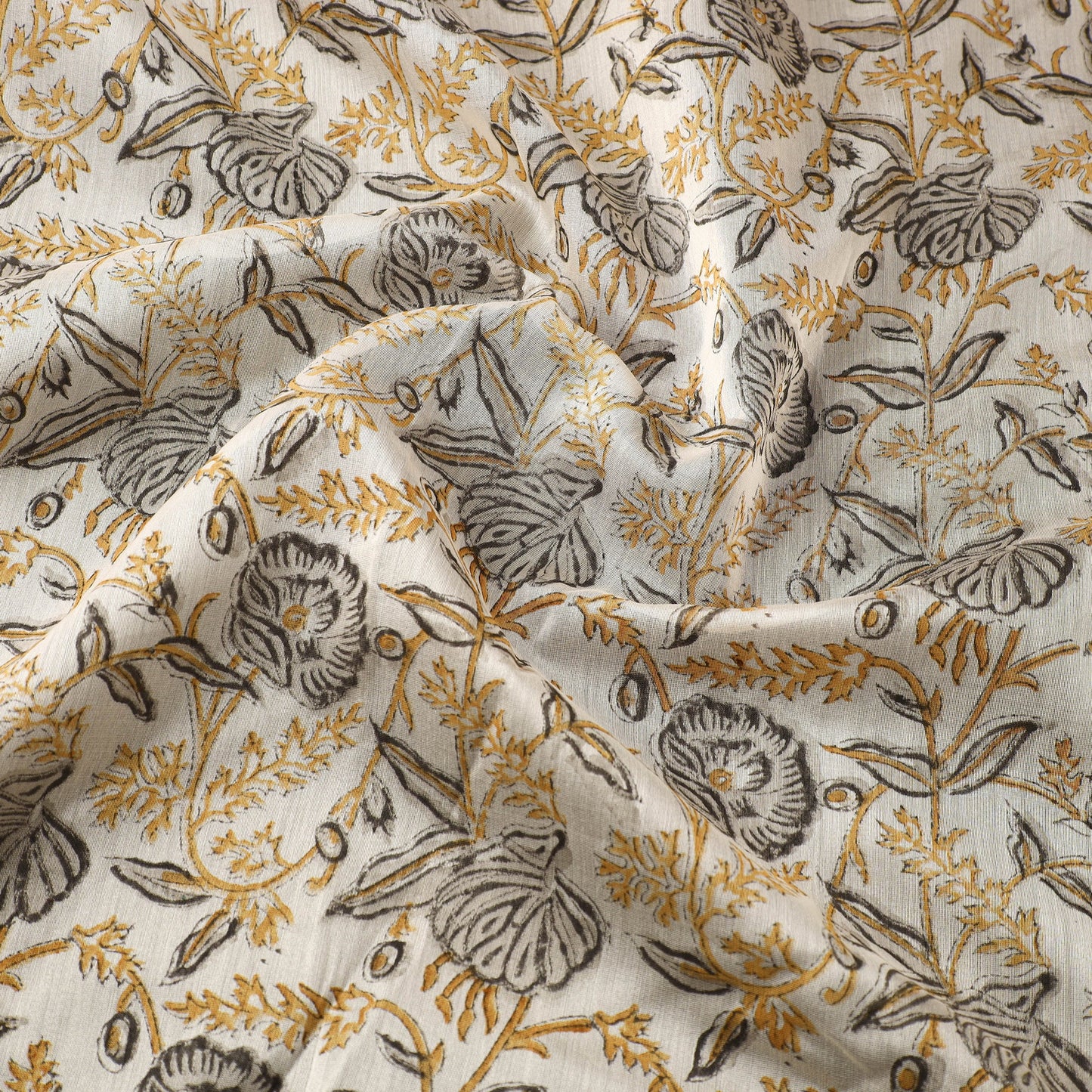  Beige Block Print Handloom Chanderi Silk Sanganeri Fabric