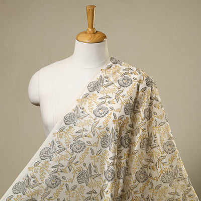  Beige Block Print Handloom Chanderi Silk Sanganeri Fabric