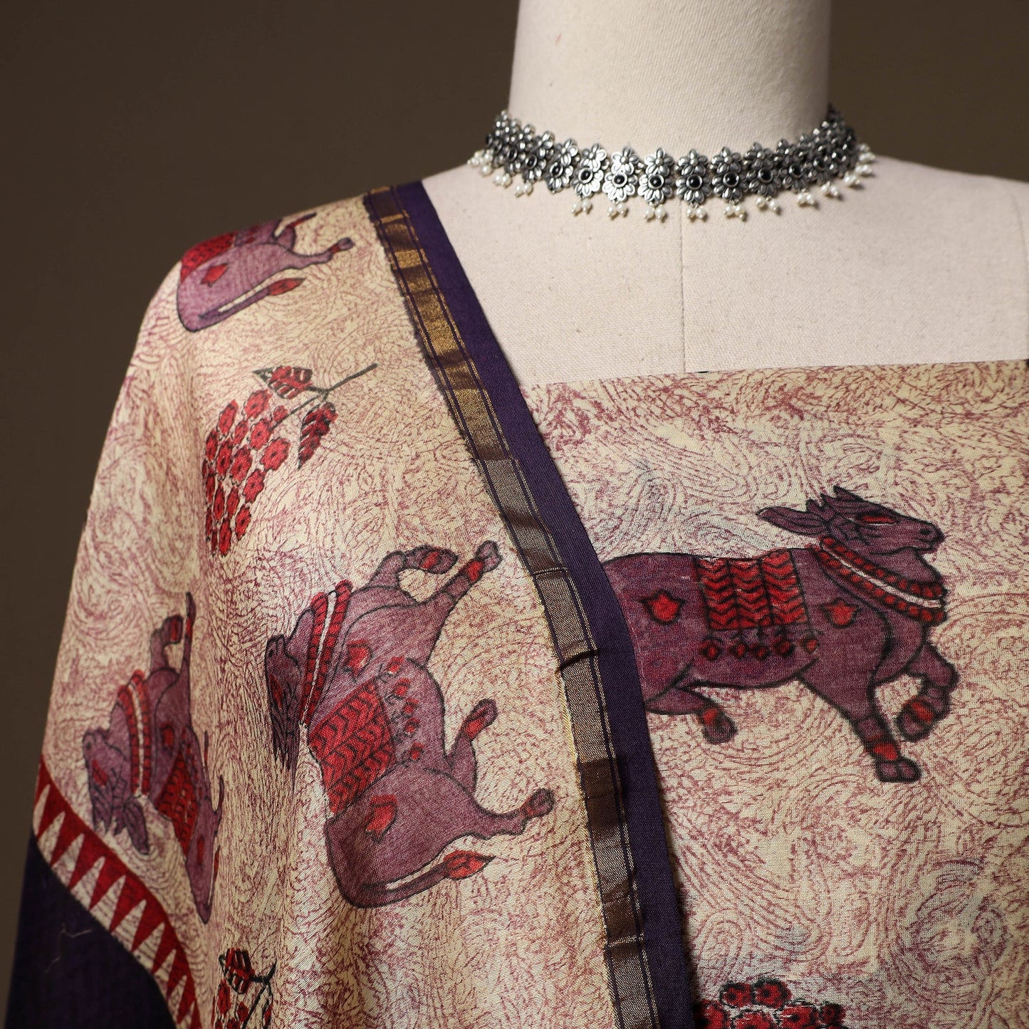 Handloom chanderi silk tagai work 3pc unstitched dress