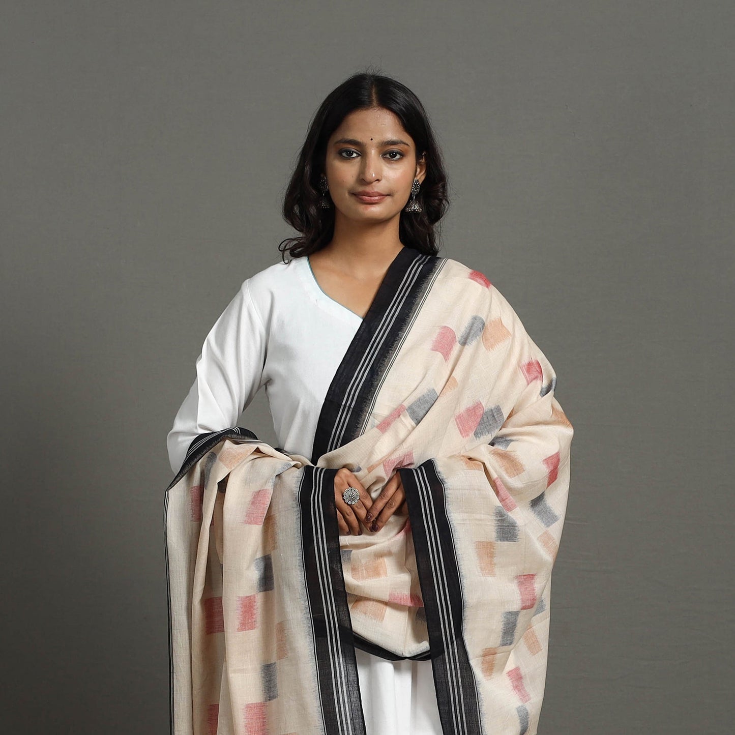  Beige Handloom Cotton Maniabandha Ikat Dupatta
