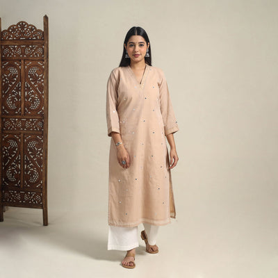 Handloom Cotton Mirror Work Beige Straight Mangalagiri Kurta for Women