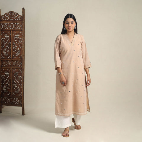 Handloom Cotton Mirror Work Beige Straight Mangalagiri Kurta for Women