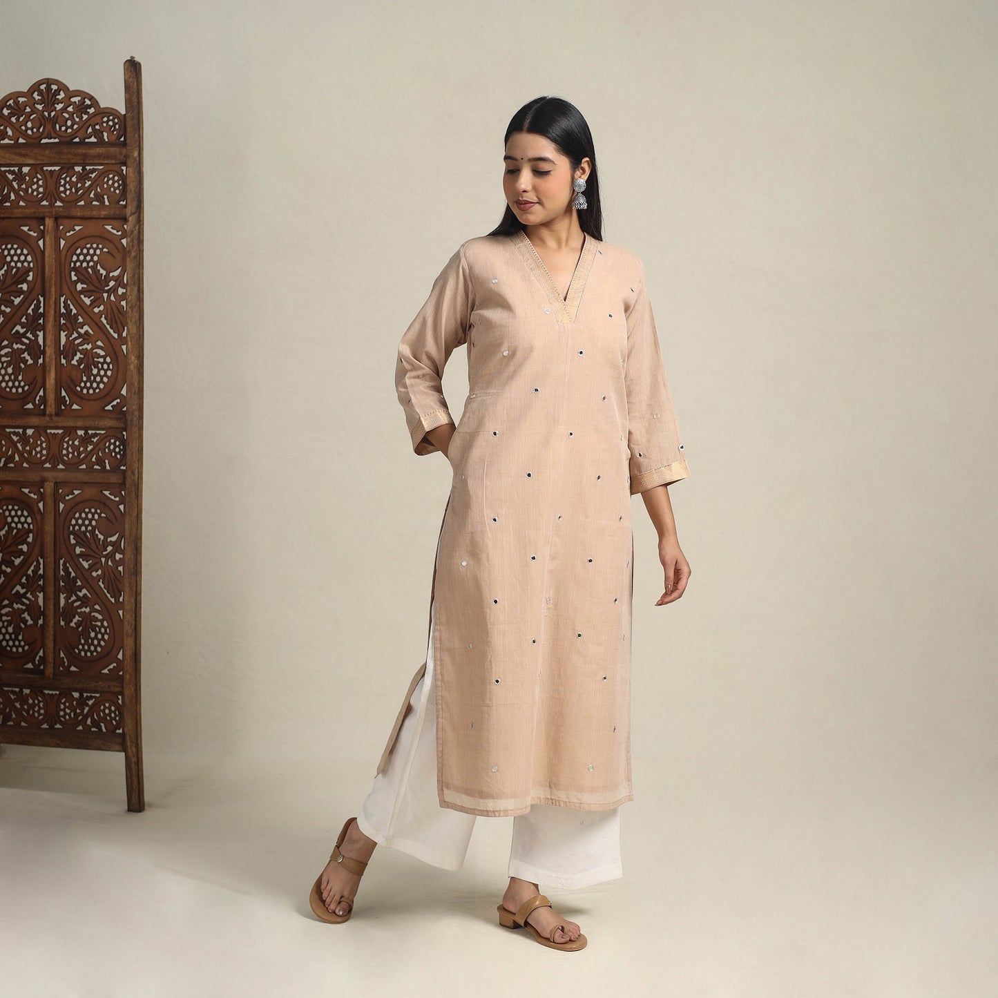 Handloom Cotton Mirror Work Beige Straight Mangalagiri Kurta for Women