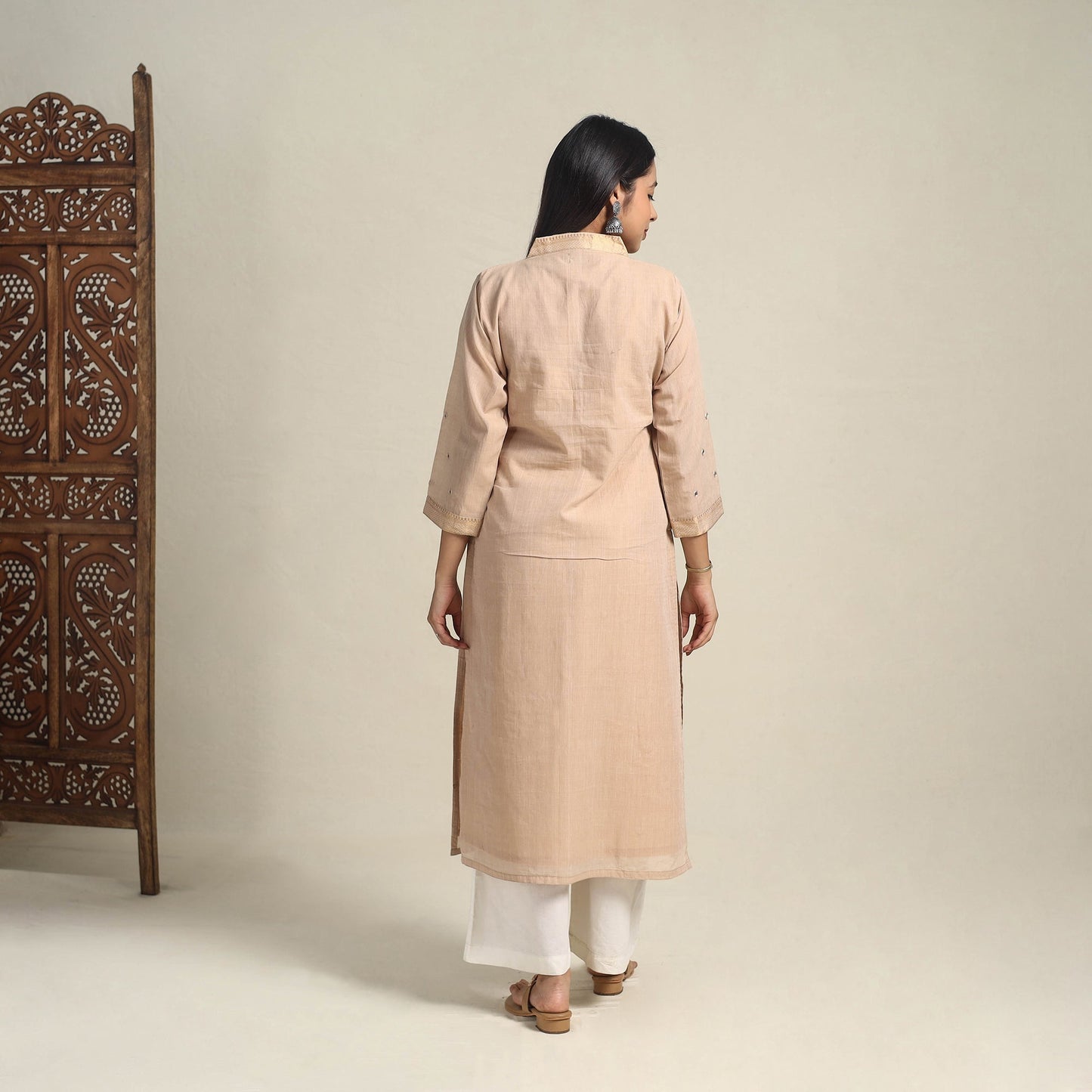 Handloom Cotton Mirror Work Beige Straight Mangalagiri Kurta for Women