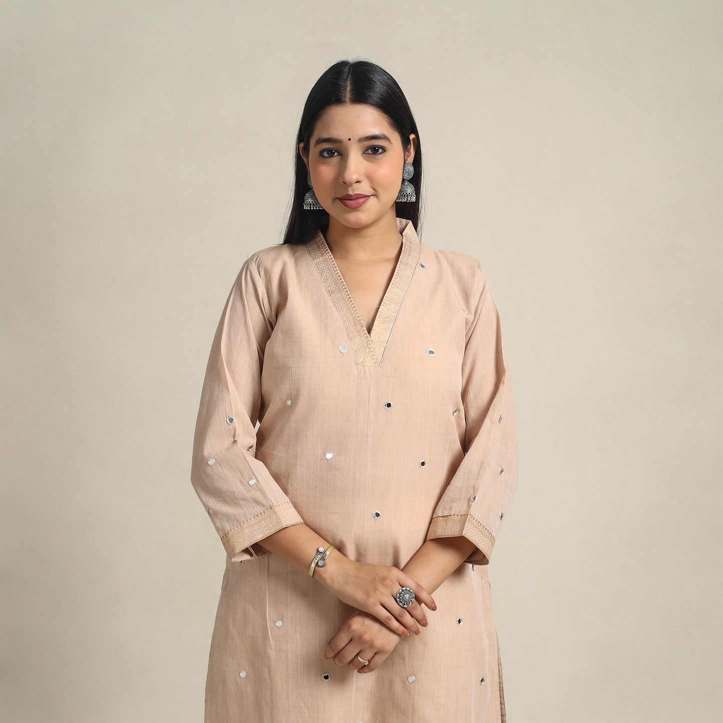 Handloom Cotton Mirror Work Beige Straight Mangalagiri Kurta for Women