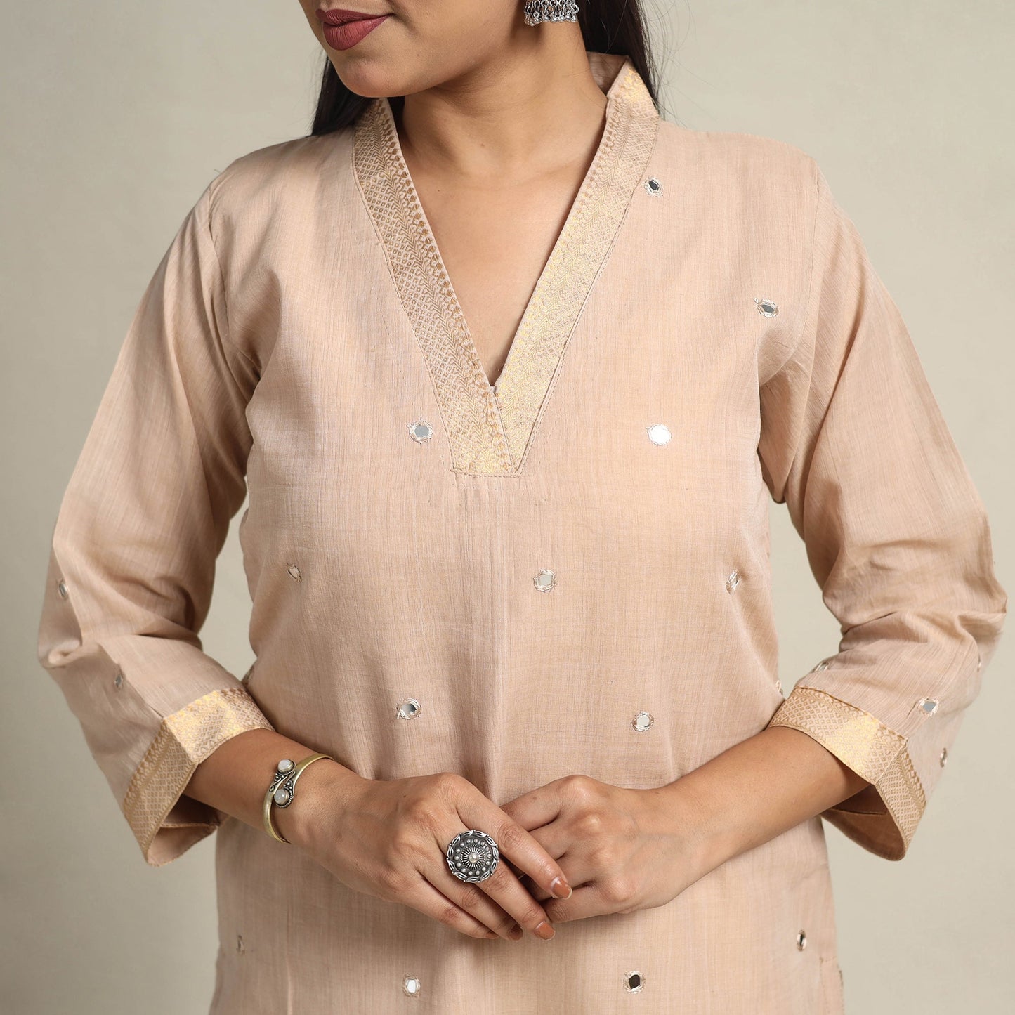 Handloom Cotton Mirror Work Beige Straight Mangalagiri Kurta for Women
