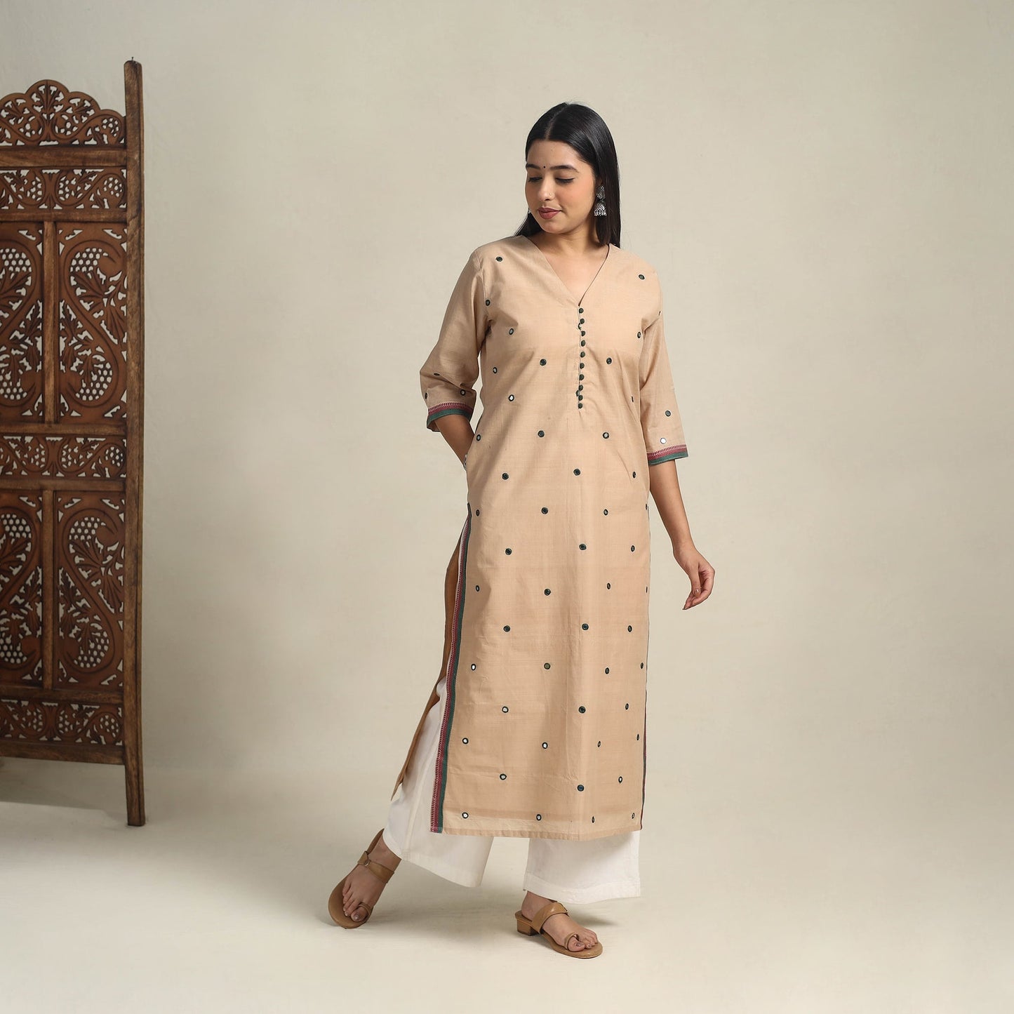 Handloom Cotton Mirror Work Beige Straight Mangalagiri Kurta for Women