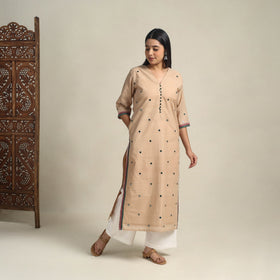 Handloom Cotton Mirror Work Beige Straight Mangalagiri Kurta for Women