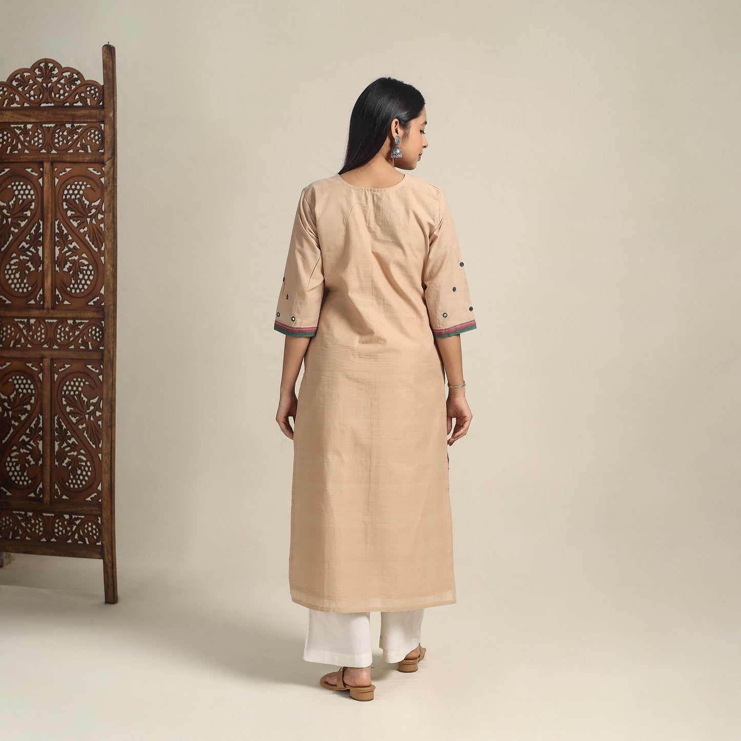 Handloom Cotton Mirror Work Beige Straight Mangalagiri Kurta for Women