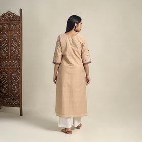 Handloom Cotton Mirror Work Beige Straight Mangalagiri Kurta for Women