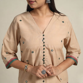 Handloom Cotton Mirror Work Beige Straight Mangalagiri Kurta for Women